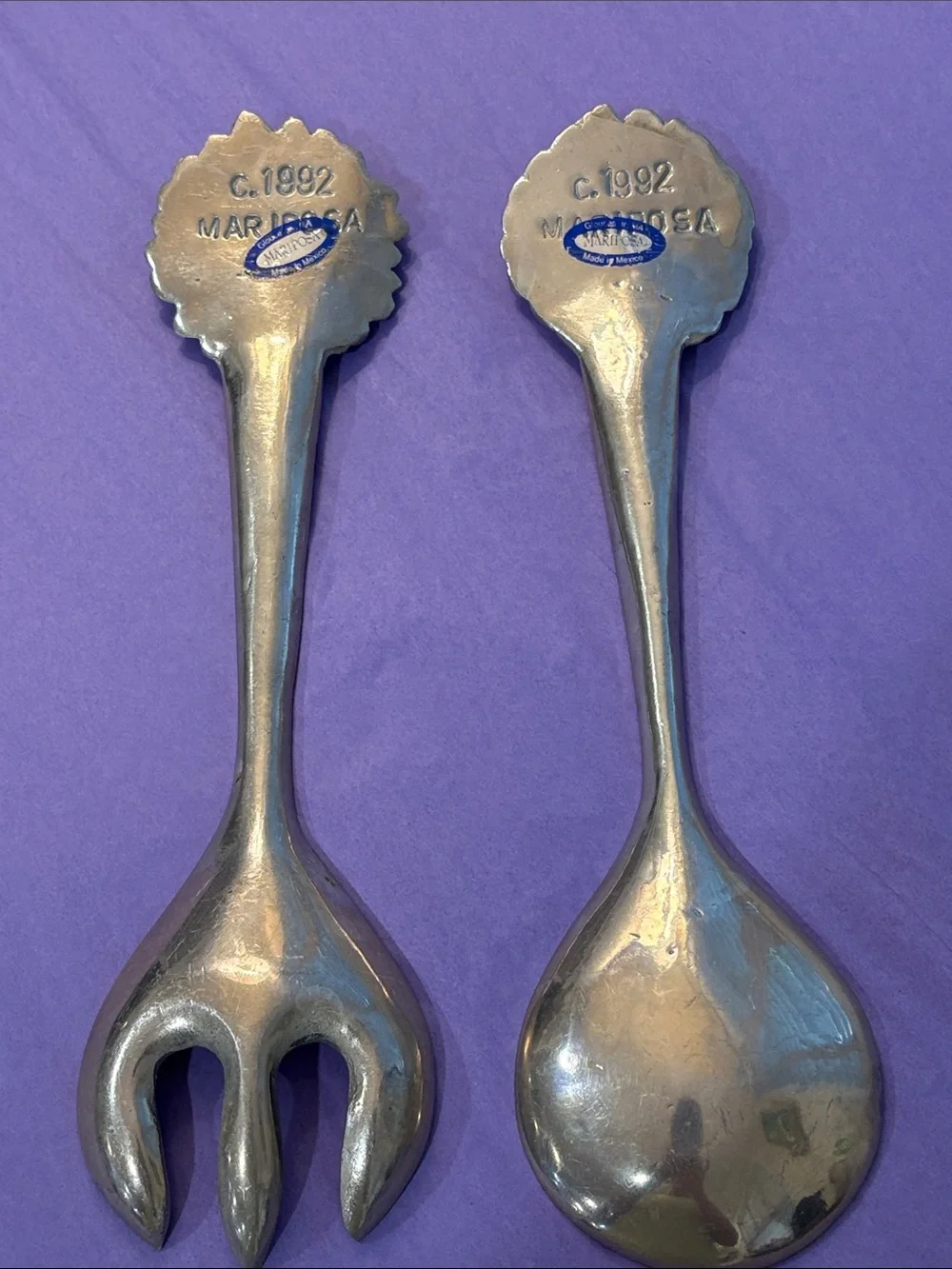 Vintage Mariposa Sunflower Salad Serving Set 1992 Handcrafted Aluminum Mexico